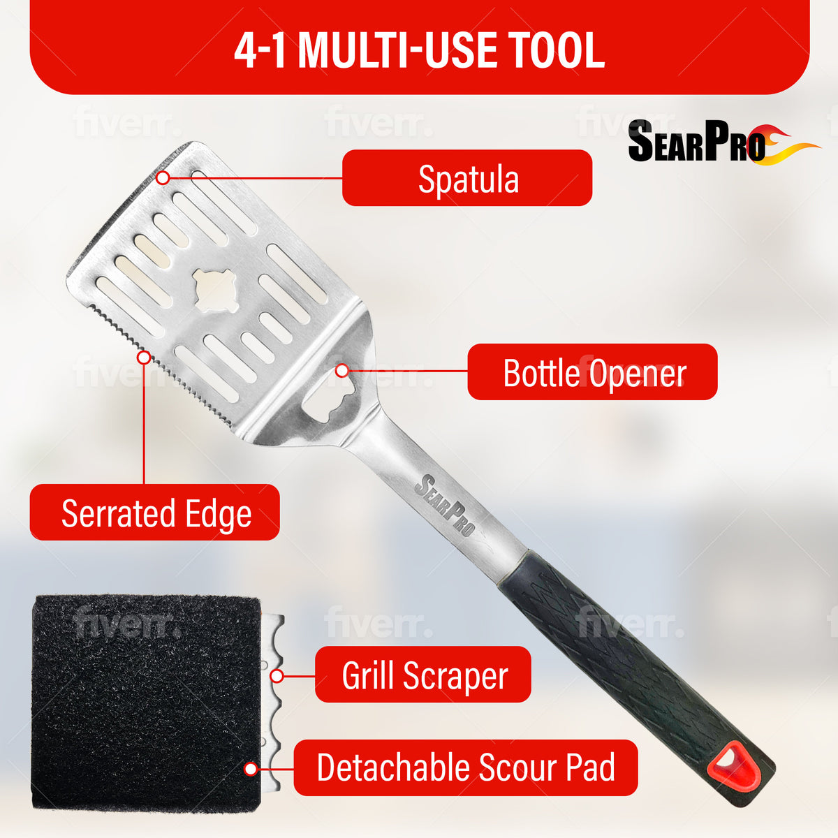 SearPro 4-IN-1 GRILL SPATULA WITH SCOUR PAD (IN STOCK BIGGEST SALE IN 5 YEARS!!!!)